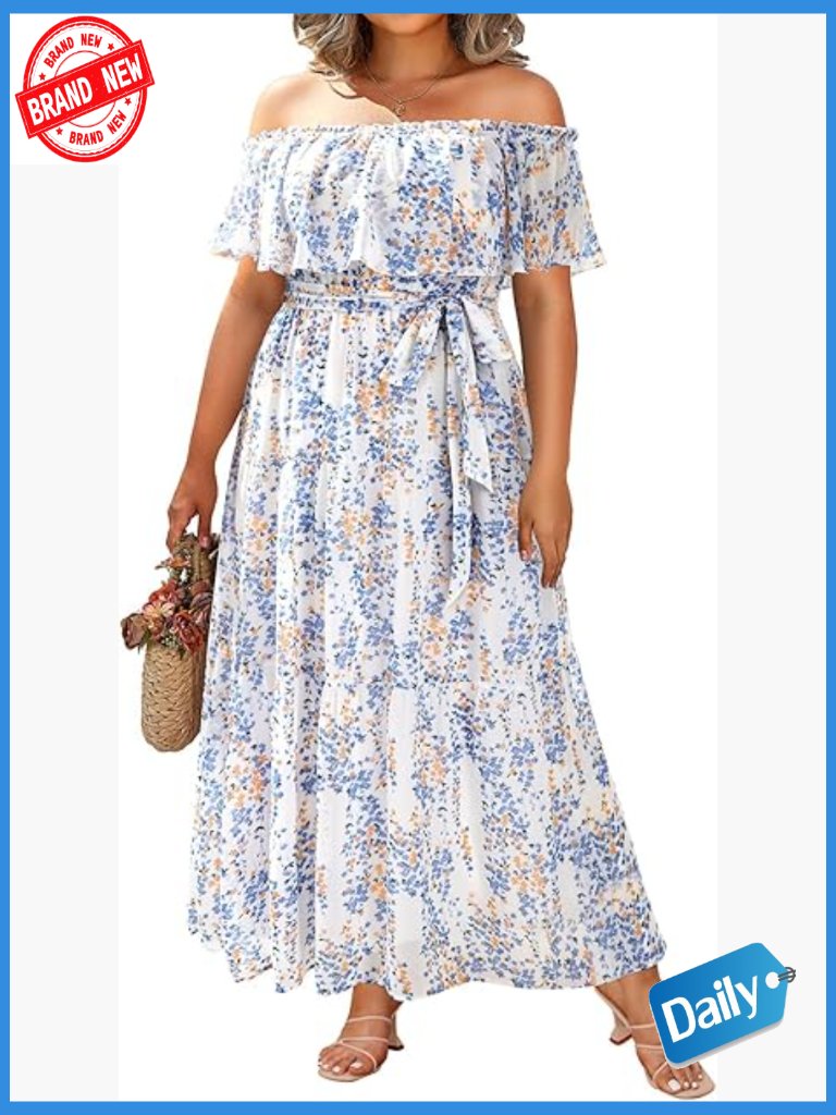 Plus Size Chiffon Off Shoulder Maxi Floral Sundress Boho Beach